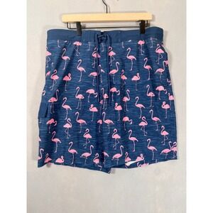 Mens Pink Flamingo Board Shorts Navy Blue Mesh Lined Swim Trunks Size Large‎
